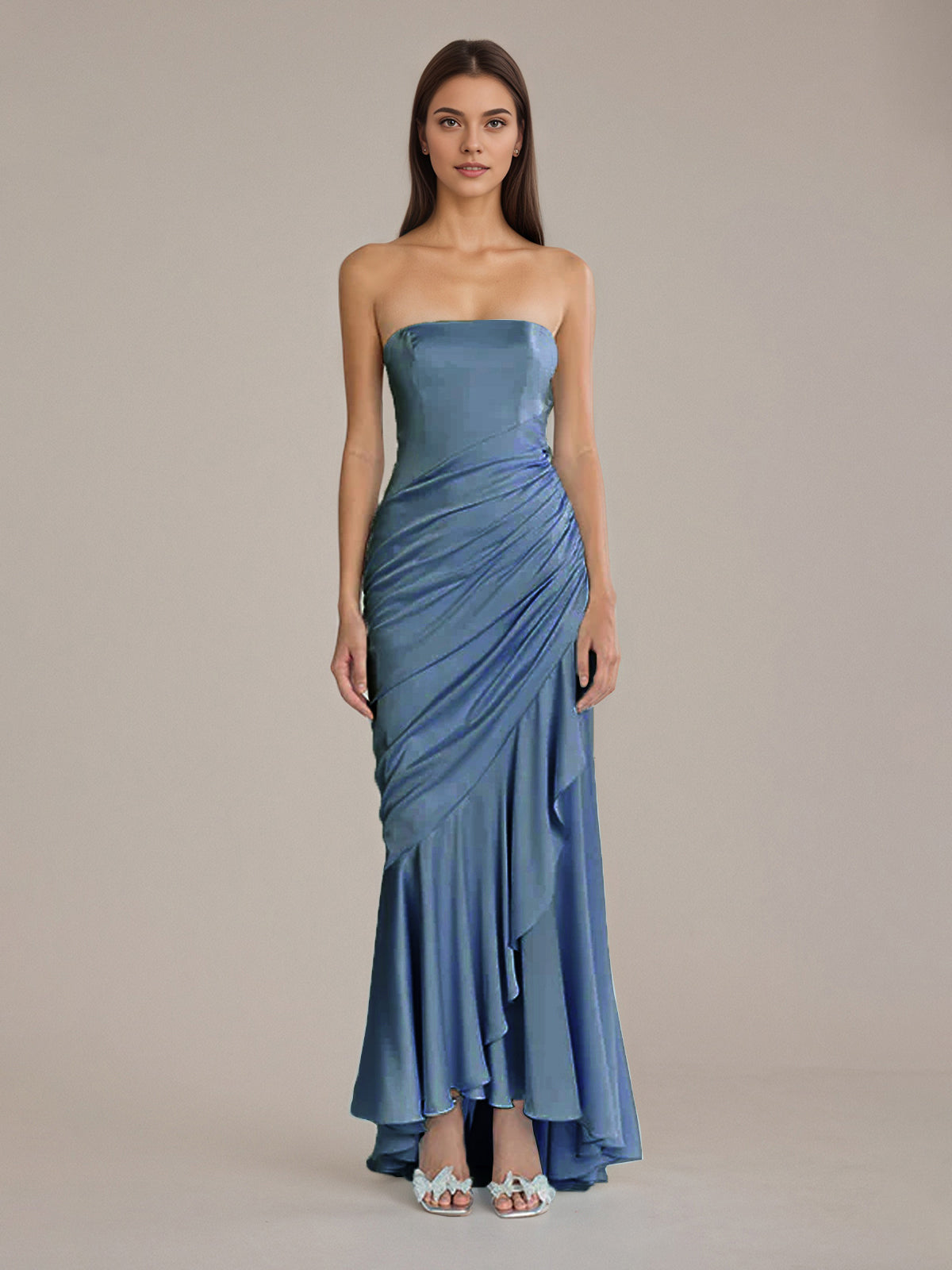 Sheath/Column Satin Off The Shoulder Sleeveless Floor Length Dresses With Ruffles