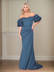 Satin Sheath/Column Off The Shoulder Puff Sleeves Floor Length Mother of the Bride Dresses
