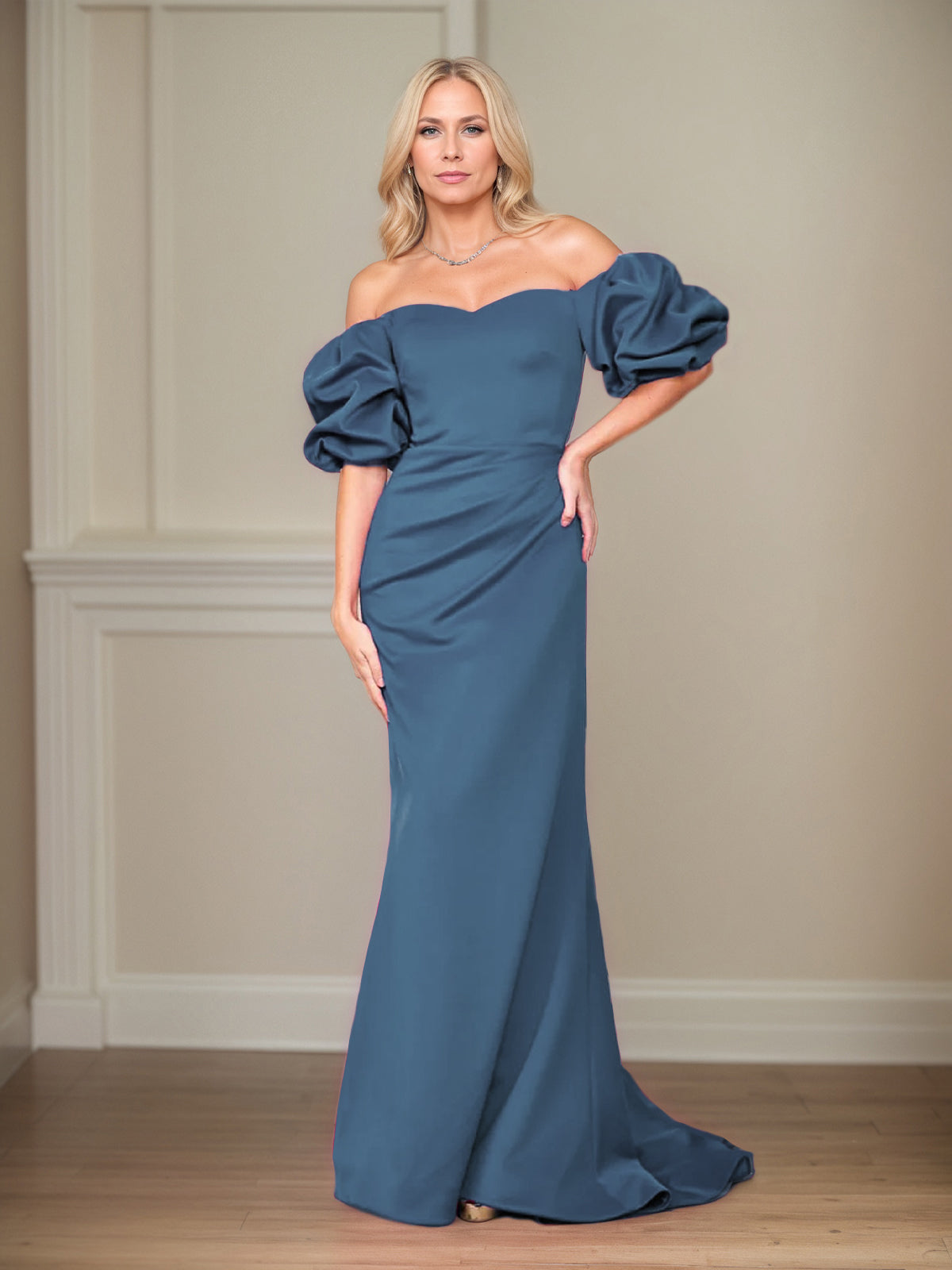 Dreamylily Women Satin Sheath/Column Off The Shoulder Puff Sleeves Floor Length Mother of the Bride Dresses Dreamylily Women Satin Sheath/Column Off The Shoulder Puff Sleeves Floor Length Mother of the Bride Dresses