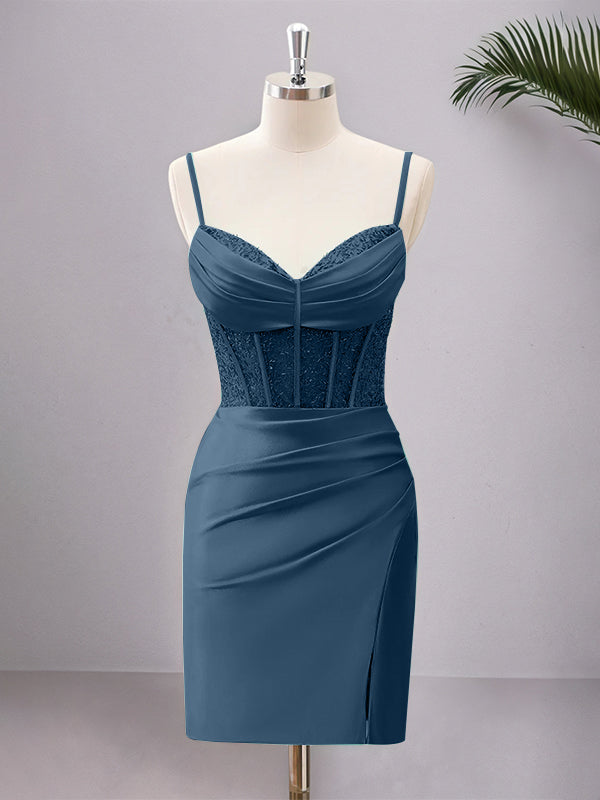 Spaghetti Straps Bodycon Corset Satin Homecoming Dress with Slit