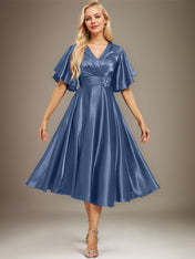 A-line V-Neck Tea-Length Stretch Satin Mother of the Bride Dress With Beading Pleated