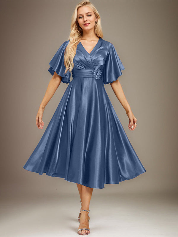 A-line V-Neck Tea-Length Stretch Satin Mother of the Bride Dress With Beading Pleated