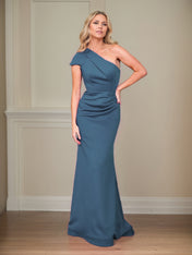 Satin Sheath/Column One Shoulder Short Sleeves Floor Length Mother of the Bride Dresses