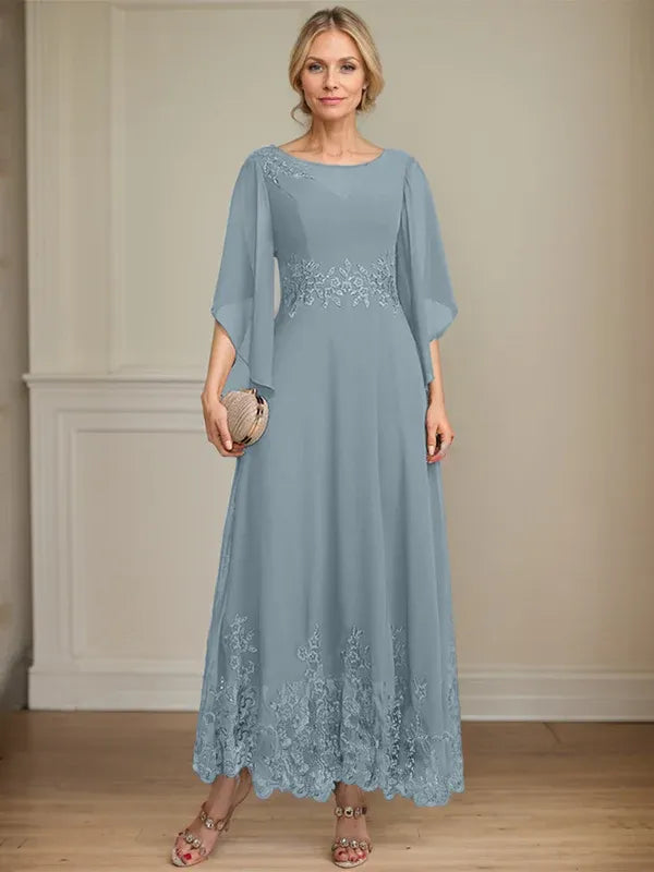 Robe de mère de la mariée trapèze en mousseline de soie et dentelle, longueur cheville, décolleté en V, illusion, avec paillettes 