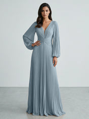 Slate Blue Plunging V-Neck Pleated Long Sleeve Maxi Dress Gown