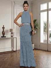 Purplish Rhinestone Ruched Lace Halter Sleeveless Mermaid Gown Dress