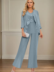 Elegant Simple Scoop Neck Floor Length Mother of the Bride Pantsuit Wedding Guest Dress