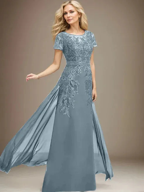 Column Scoop Illusion Floor-Length Lace Chiffon Mother of the Bride Dress With Sequins