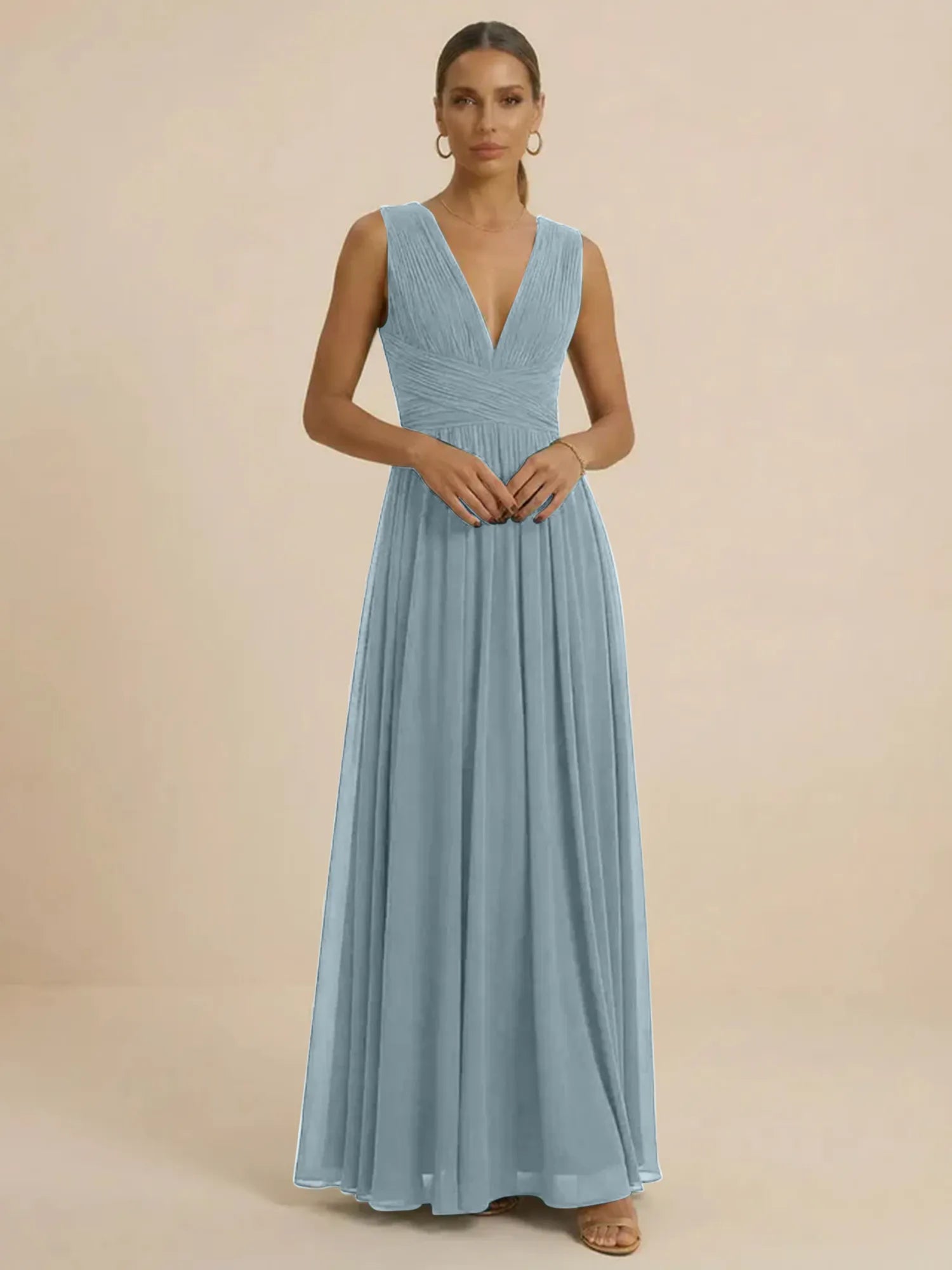 Teal Pleated V-Neck Chiffon Evening Gown with Ruched