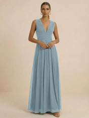 Teal Pleated V-Neck Chiffon Evening Gown with Ruched