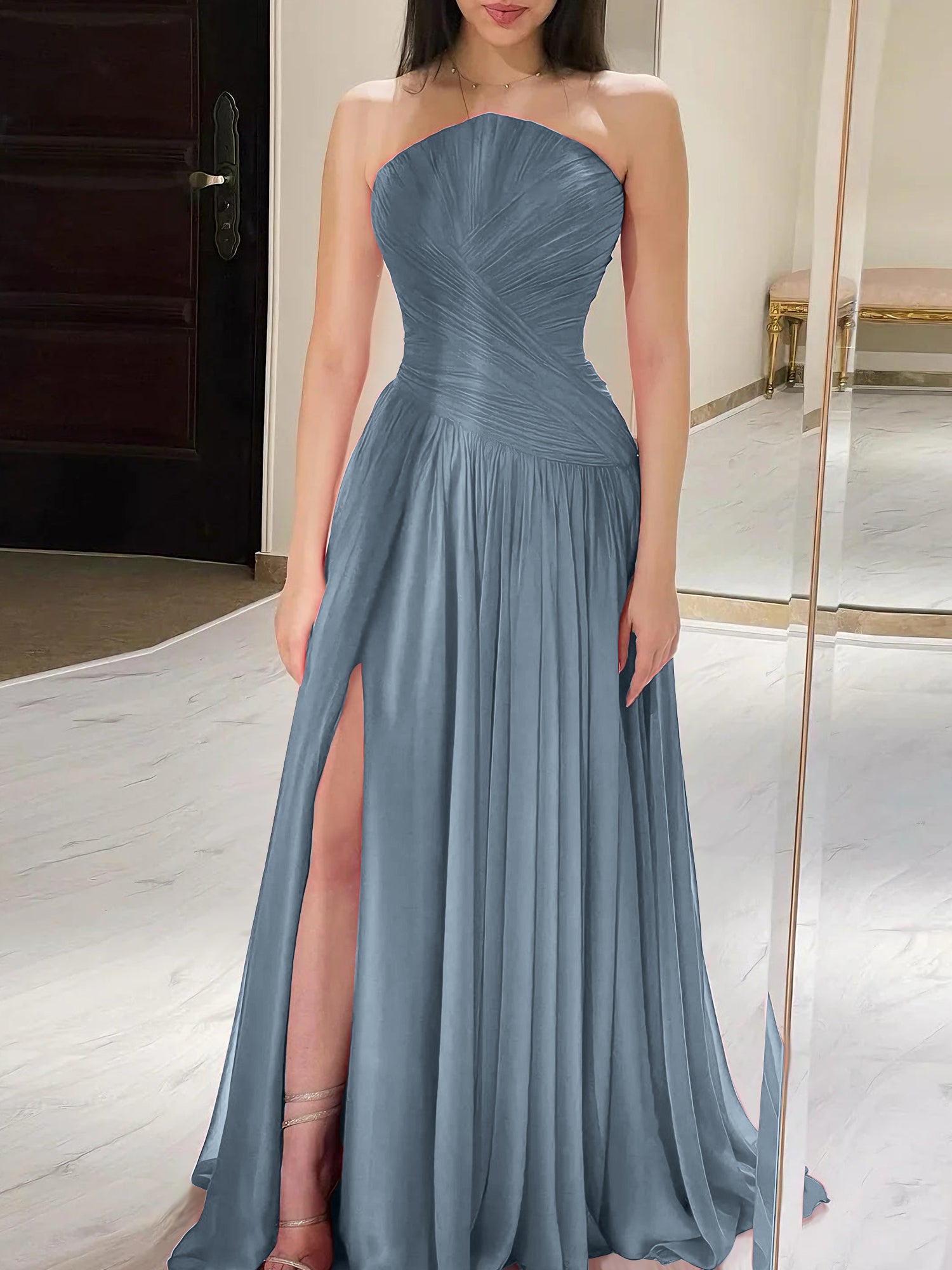 Red Pleated Chiffon Strapless Long Prom Dress with Slit