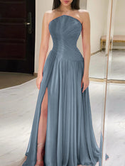 Red Pleated Chiffon Strapless Long Prom Dress with Slit