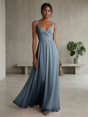 Elegant Soft Blush Twist-Front Chiffon Maxi Gown