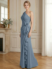 Dusty Blue One-Shoulder Ruched Floral Maxi Dress Gown