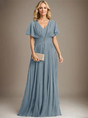 A-line V-Neck Floor-Length Chiffon Mother of the Bride Dress With Crystal Brooch Pleated
