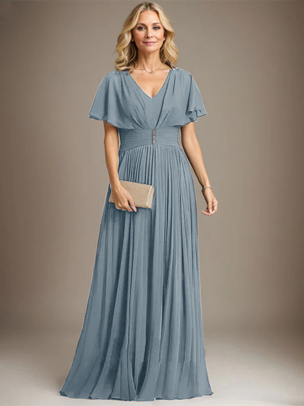 A-line V-Neck Floor-Length Chiffon Mother of the Bride Dress With Crystal Brooch Pleated