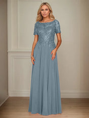 A Line Chiffon Boat Neck Short Sleeves Floor Length Mother of the Bride Dresses