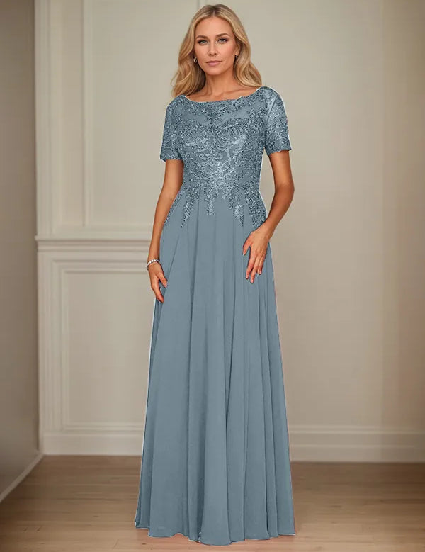 A Line Chiffon Boat Neck Short Sleeves Floor Length Mother of the Bride Dresses