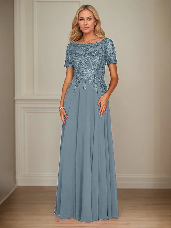 A Line Chiffon Boat Neck Short Sleeves Floor Length Mother of the Bride Dresses