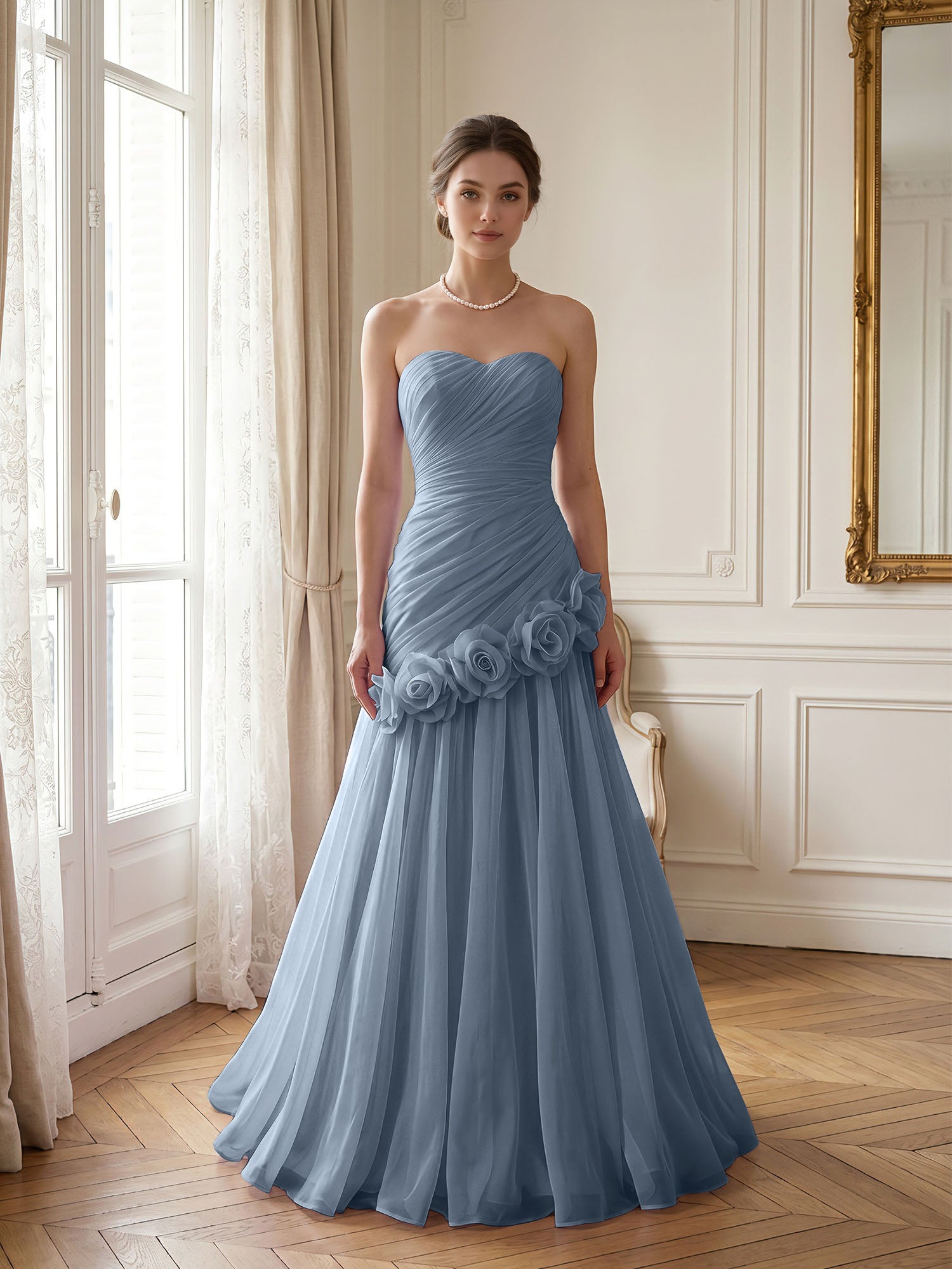 Lilac 3D Rosette Strapless Chiffon Evening Formal Gown Wedding Guest Dress