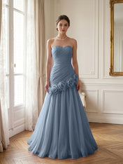 Lilac 3D Rosette Strapless Chiffon Evening Formal Gown Wedding Guest Dress