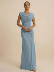 Dusty Grey Draped Cowl Neck Ruched Chiffon Evening Dresses