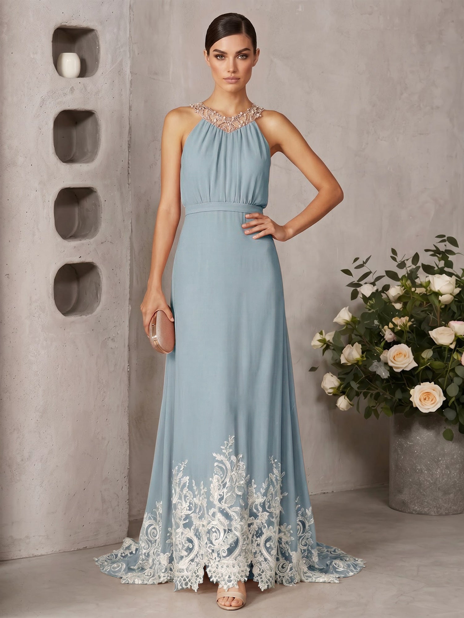 Pink Beaded Ruched Chiffon Halter Sleeveless A-Line Gown Maxi Dress