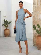 Pink High Neck Chiffon Mermaid Tea Length Evening Dress with Ruffle