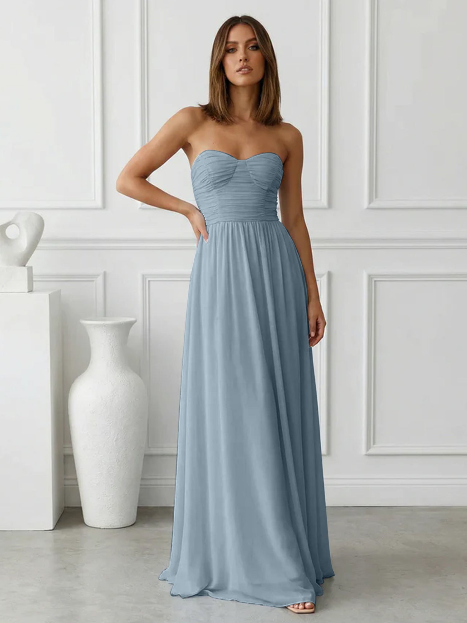 Light Blue Sweetheart Chiffon A Line Maxi Dress with Pleat