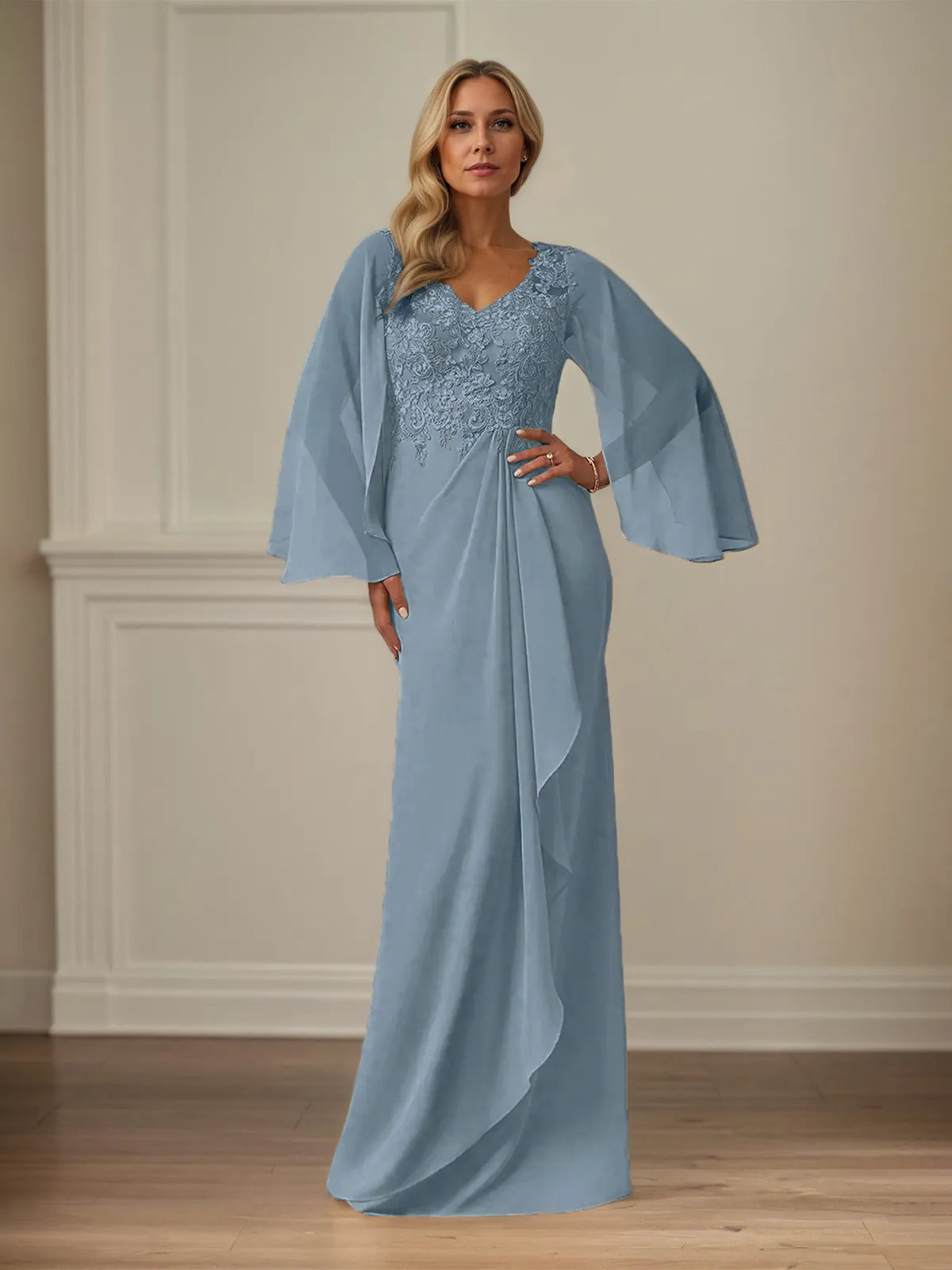 Column Chiffon V Neck Long Sleeves Floor Length Mother of the Bride Dresses With Appliques