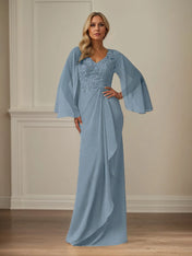 Sheath/Column Chiffon V Neck Long Sleeves Floor Length Mother of the Bride Dresses With Appliques