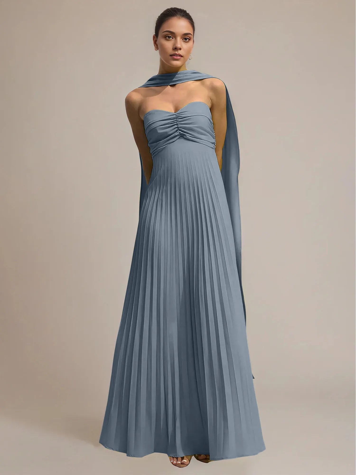 Green Chiffon A Line Off The Shoulder Sleeveless Floor Length Pleated Dress