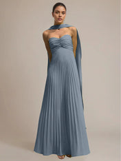 Green Chiffon A Line Off The Shoulder Sleeveless Floor Length Pleated Dress