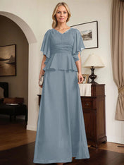 A-line V-Neck Floor-Length Chiffon Mother of the Bride Dress With Pleated Beading