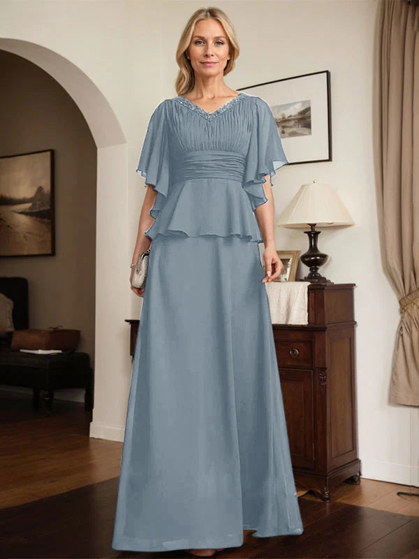 A-line V-Neck Floor-Length Chiffon Mother of the Bride Dress With Pleated Beading