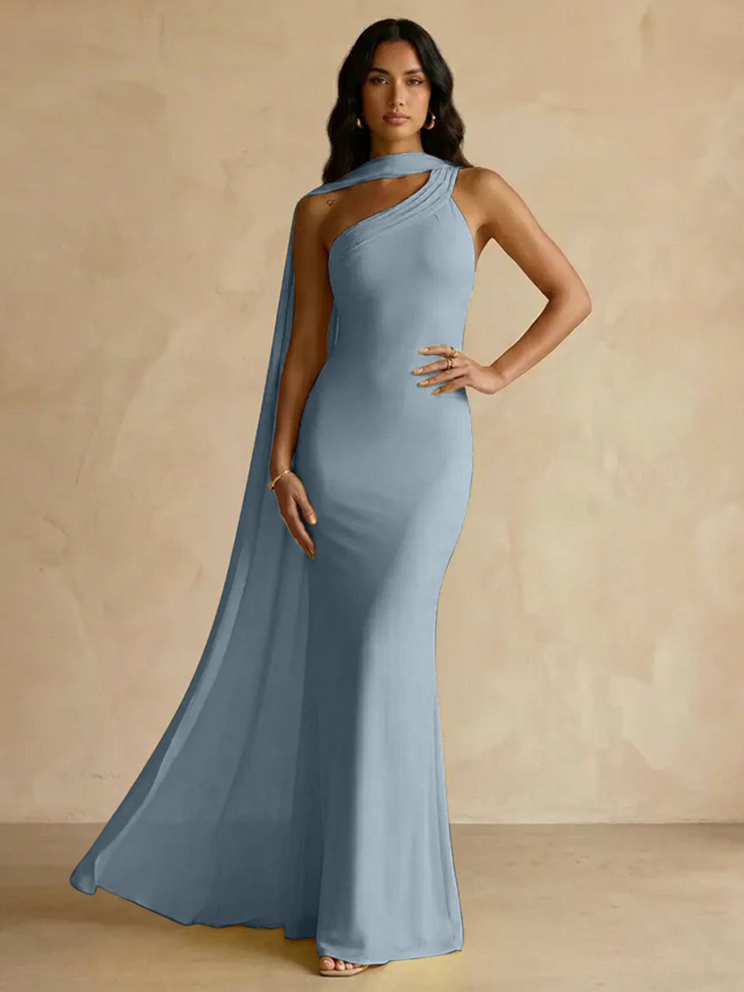 Yellow One-Shoulder Crepe Sheath Gown with Flowing Chiffon Cape Train