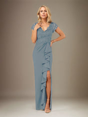 Sheath/Column V Neck Short Sleeve Floor Length Chiffon Dress With Cascading Ruffles