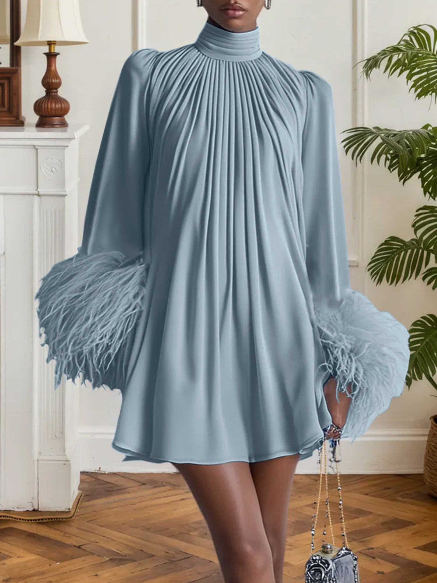 Blue Feather Ruched Chiffon Mock Neck Long Sleeve A-Line Mini Dress
