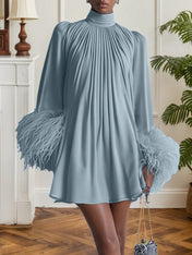 Blue Feather Ruched Chiffon Mock Neck Long Sleeve A-Line Mini Dress