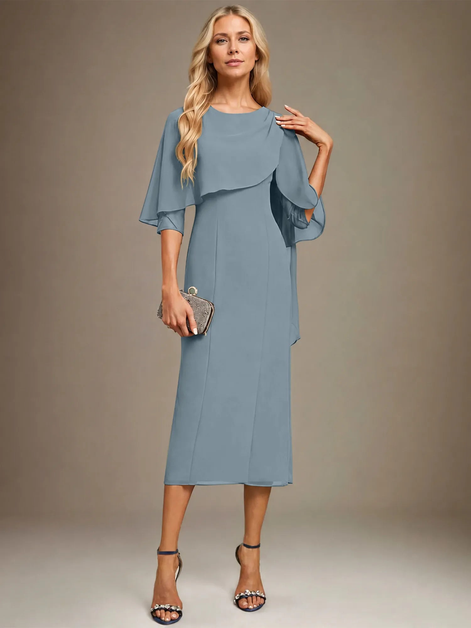 Column Scoop Tea Length Chiffon Dress With Pleated Beading