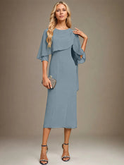 Sheath/Column Scoop Tea Length Chiffon Dress With Pleated Beading