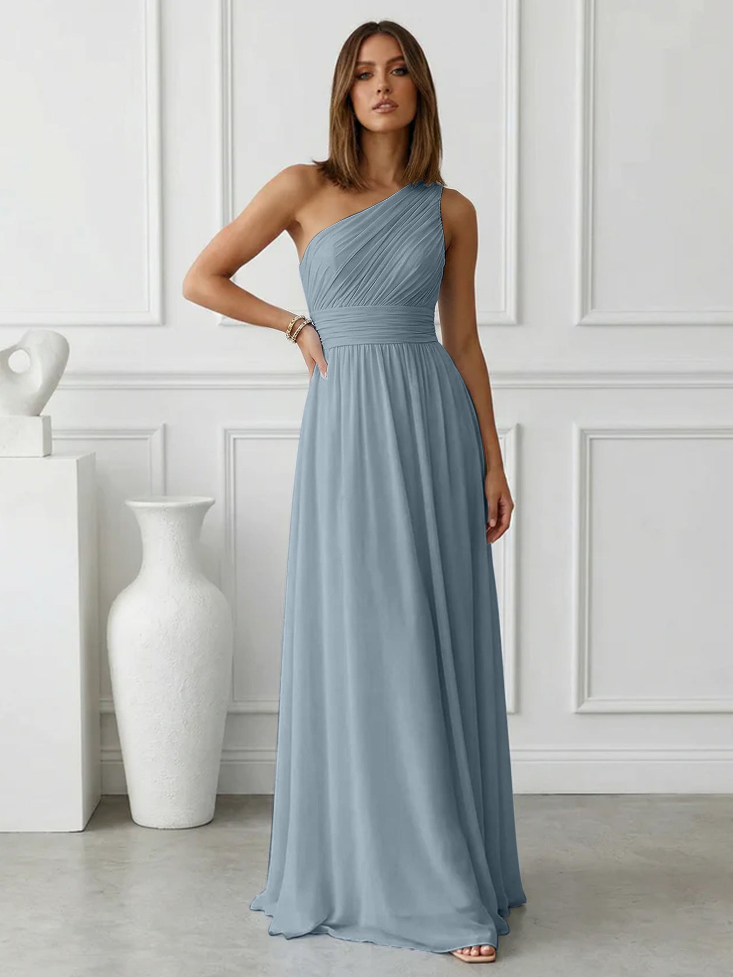 Timeless Light Blue One-Shoulder Maxi Dress Ruched Chiffon Gown
