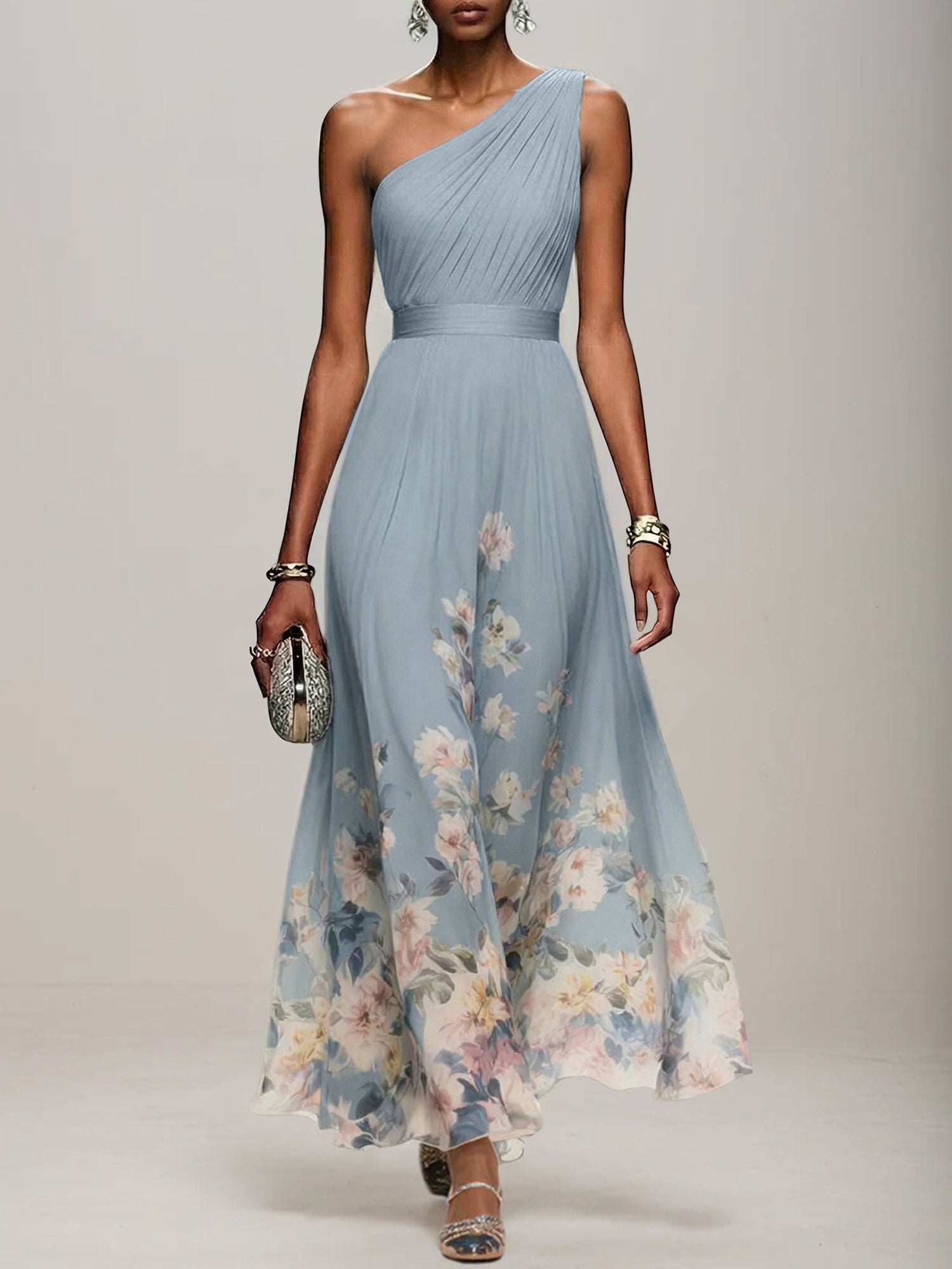 Light Blue Floral Chiffon One Shoulder Sleeveless A-Line Maxi Dress Gown