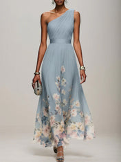 Light Blue Floral Chiffon One Shoulder Sleeveless A-Line Maxi Dress Gown