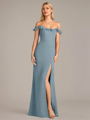 Sheath/Column Chiffon Off The Shoulder Sleeveless Floor Length Dresses With Ruffles