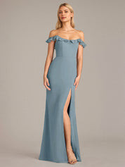 Sheath/Column Chiffon Off The Shoulder Sleeveless Floor Length Dresses With Ruffles