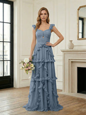 Ethereal Sky Blue Tiered Ruffle Chiffon Maxi Dress Gown