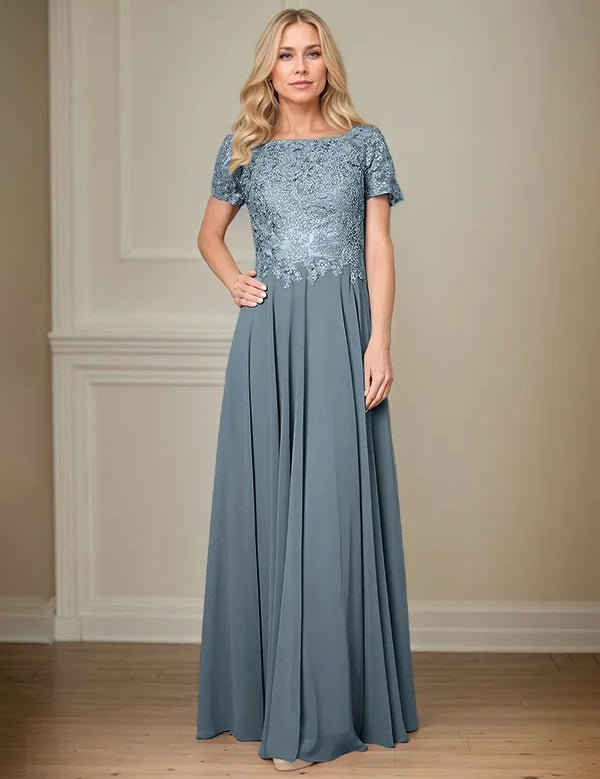 A Line Chiffon Boat Neck Short Sleeves Floor Length Pleated Mother of the Bride Dresses