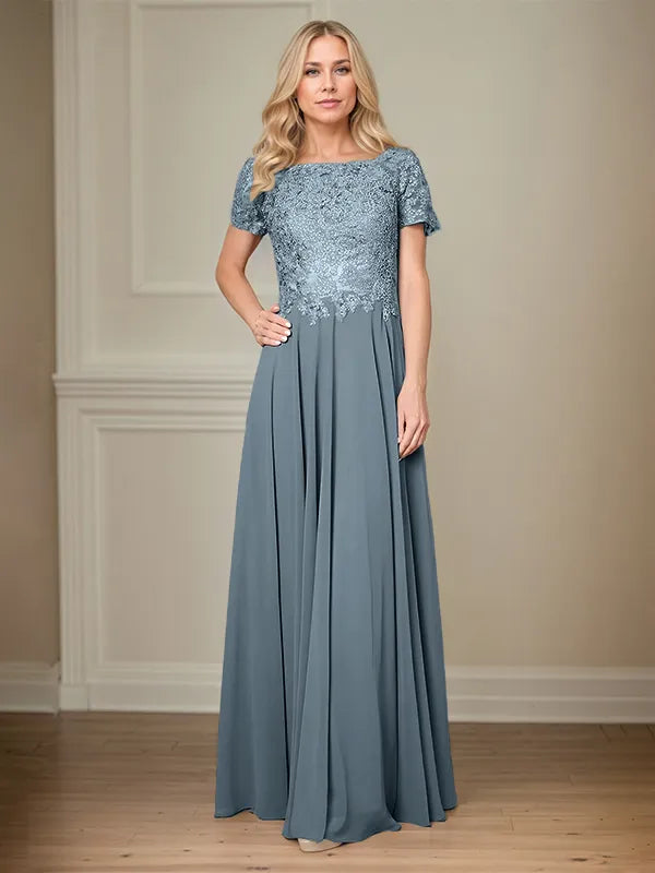 A Line Chiffon Boat Neck Short Sleeves Floor Length Pleated Mother of the Bride Dresses