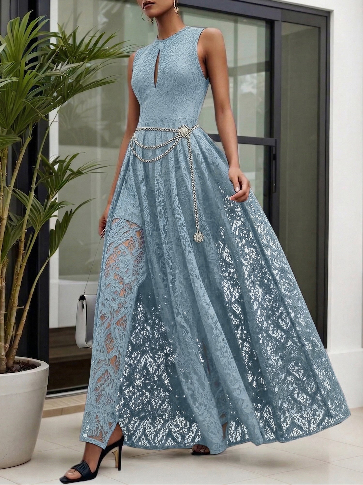 Midnight Black Lace Hollow Out Crew Neck Sleeveless A-Line Maxi Dress